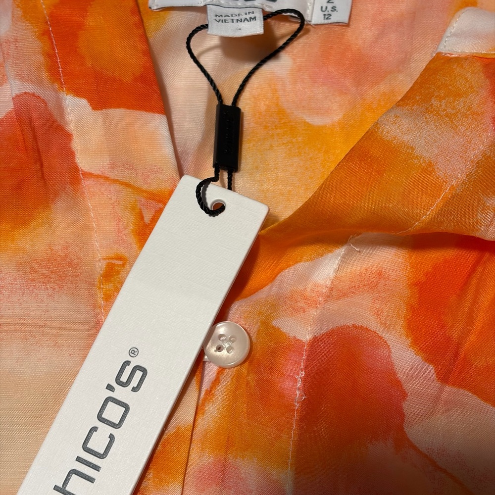 Chicos Pintuck Collar Shirt Watercolor Blend Alabaster Orange Pink Blouse 2 L 12 - Picture 8 of 9